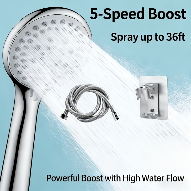Image of Complete 3pcs Shower – 5 Mode High Pressure Handheld Shower, Hose, No-drill Adhesive Bracket, Universal 1/2" Connection, Water-, Chrome End For Bathroom, For Shower Use For Shower Use