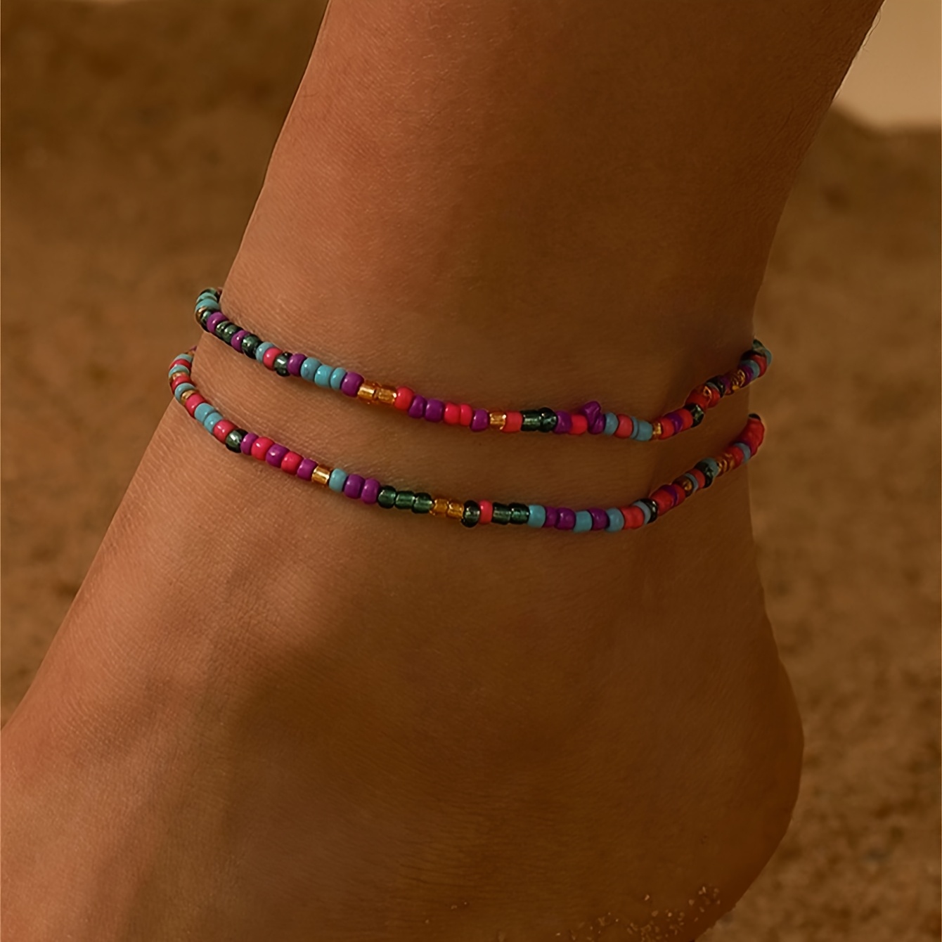 Set Of 2 Women's Stretch Rope Anklets With Rice Beads - Easy And Minimalist Ankle Bracelets For Summer Beach Wear