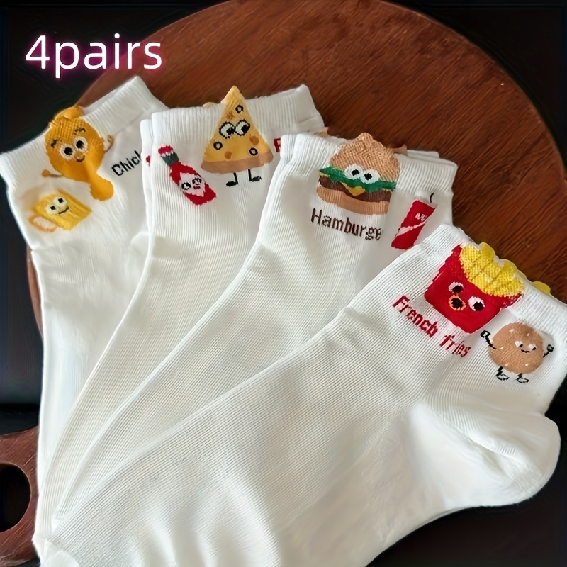 E-shop 4 Paar 8 Paar Damen Bequeme Modische Bunte Niedliche Cartoon Pommes Burger Pizza Hähnchen Socken