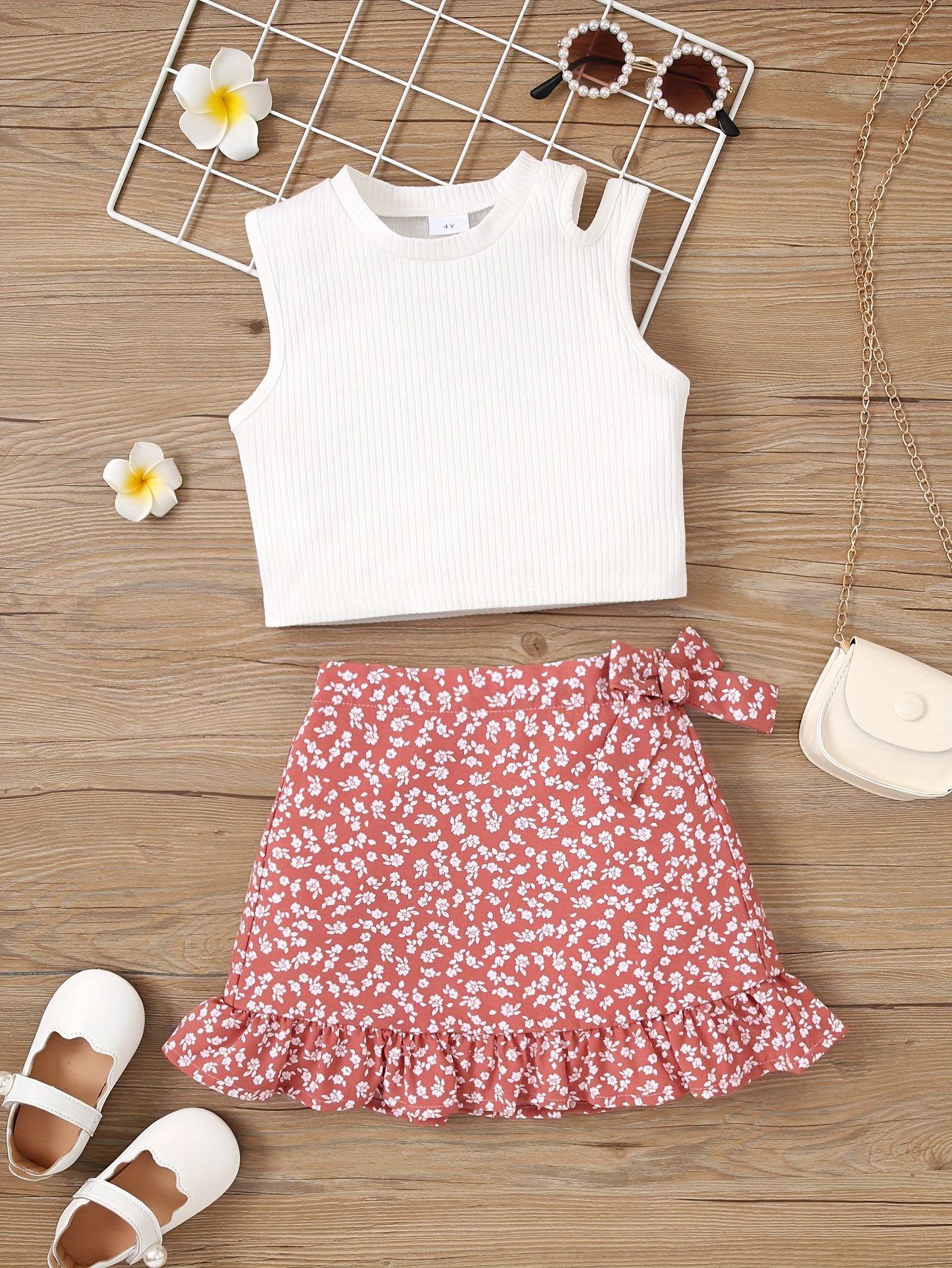 Girls 2pcs Camisole Crop Top & Elastic Waist Skirt Set Floral Print Puff  Sleeve Off-shoulder Drawstring Top Cute Casual Kids Clothes Summer