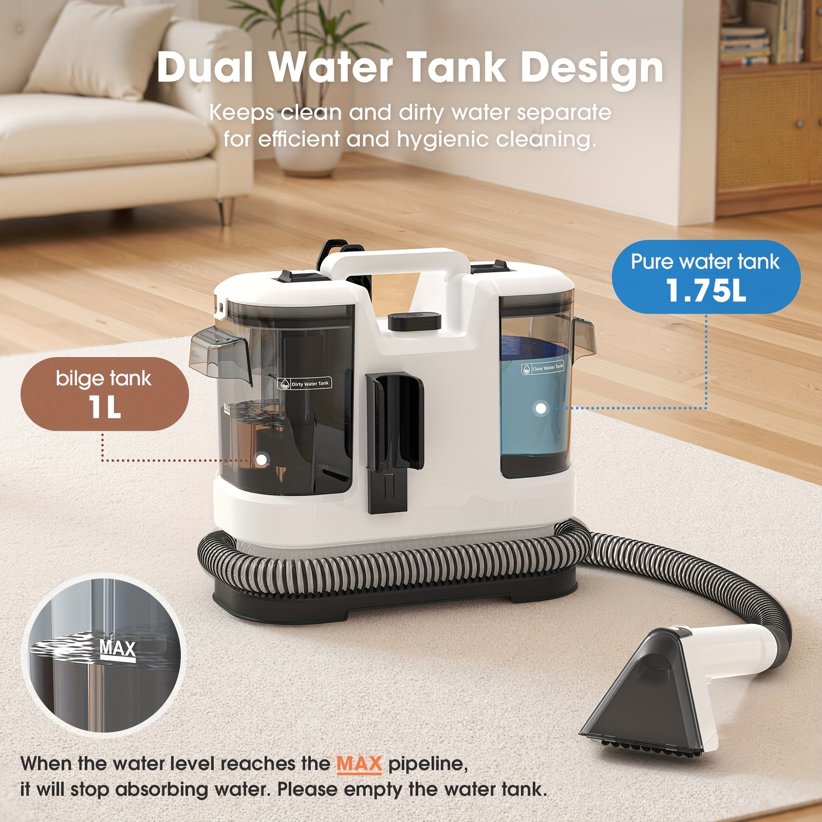 E-shop Lubluelu Mehrzweck-Handreiniger für Teppiche und Polster, 16500Pa Saugkraft, flexibles Werkzeug für Haustiere, 1,75L Doppelwassertank, für