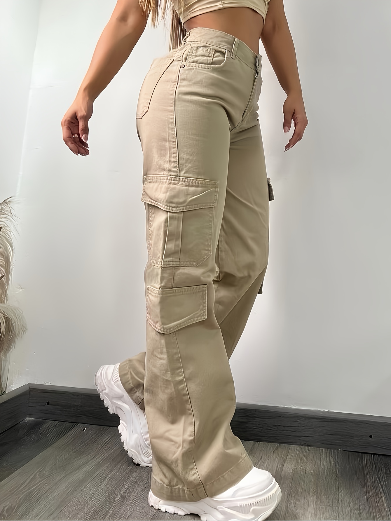 womens high waisted wide leg cargo pants casual workwear Temu