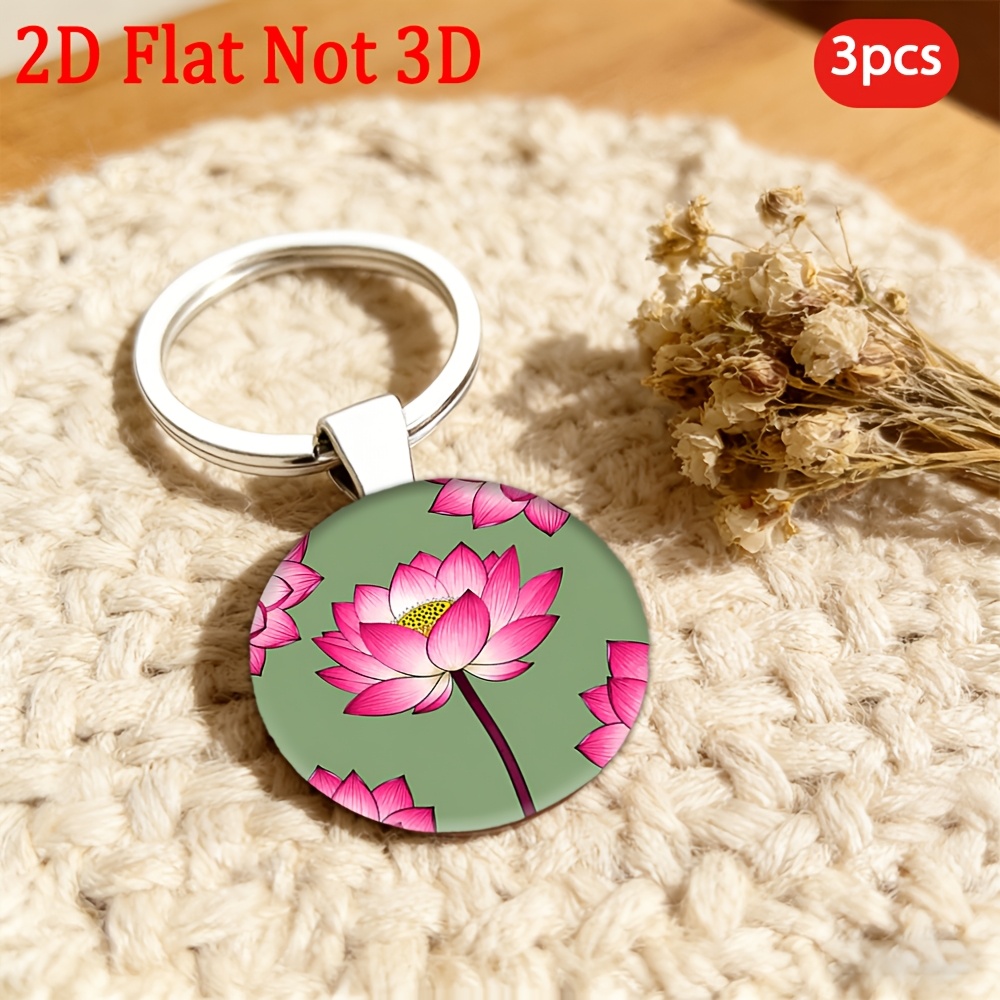Pink Lotus Patterned Round Key Holder Keychain, 3pcs