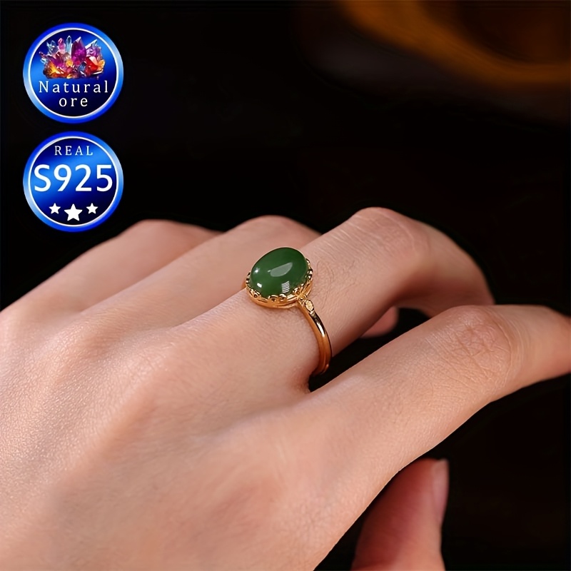 S925 Silver Green Natural Stone Adjustable Open Ring in Gift Box