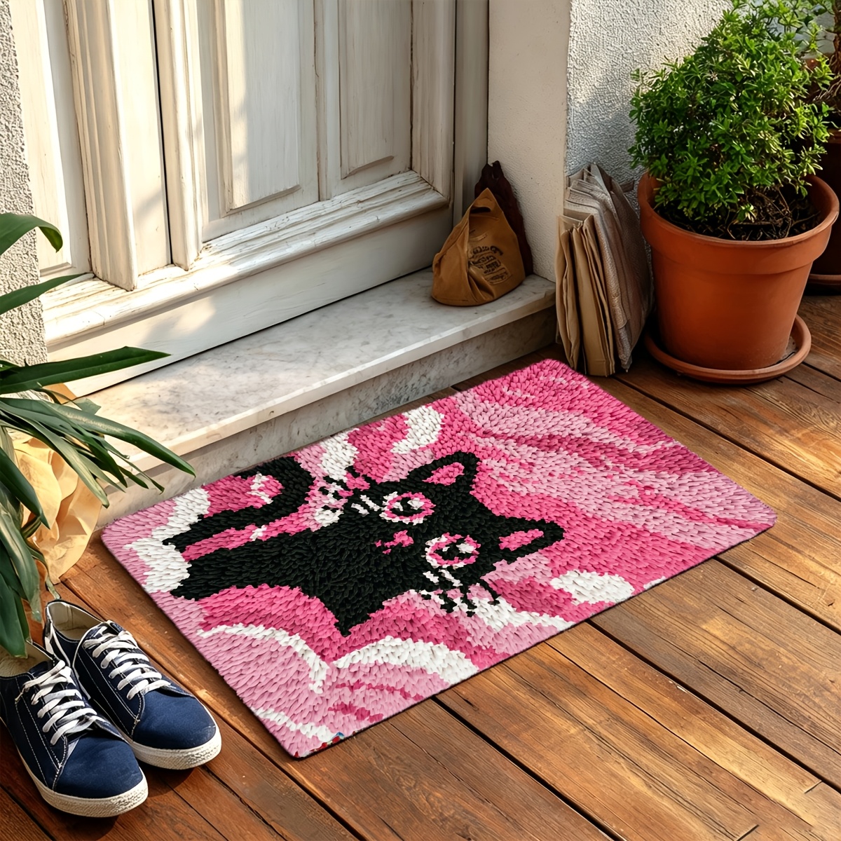 Lock Hook Carpet Kit, Healing Style Pink Cloud with Cat Pattern