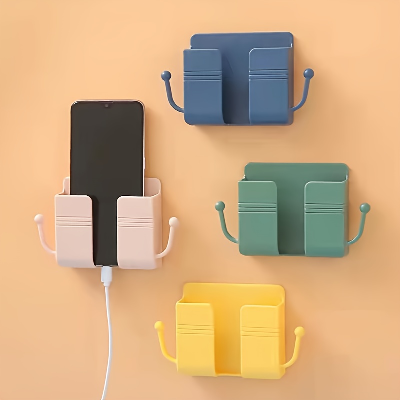 

1-pack Mini Wall-mounted Phone Charging Holder, Bedside Solid Color Adhesive Organizer, Plastic Remote Control Storage Box