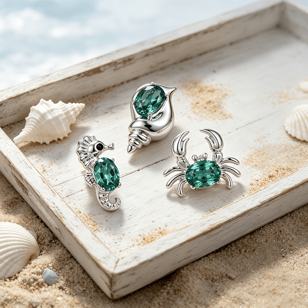 TEMU 3pcs Classic Marine Animal Brooch Set, Dynamic Coastal Vacation Accessories, Inlaid With Transparent Artificial Crystals, Unisex, Fresh