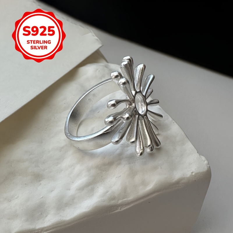 925 Silver Flower Ring Geometric Design Adjustable Vintage Style