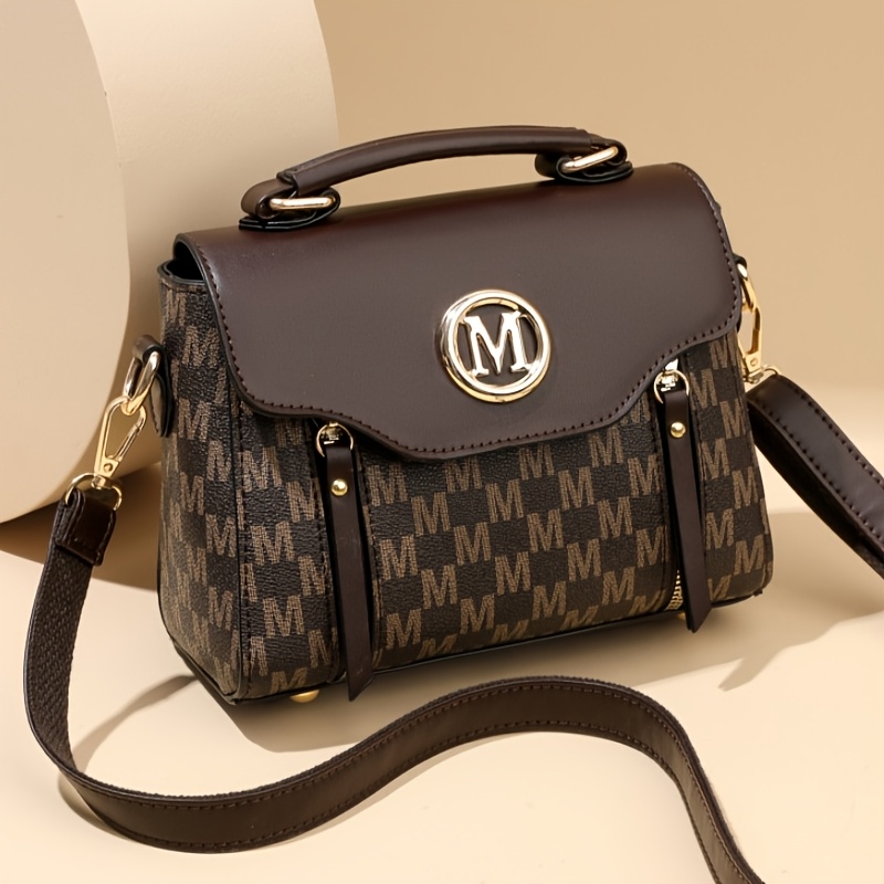 TEMU Retro Geometry Women's Handbag - Large Capacity Pu Shoulder Bag With , Herringbone Pattern, And "m" Letter Design, Detachable Shoulder Strap, Suitable For Daily Use (light Brown/ White/ Black)