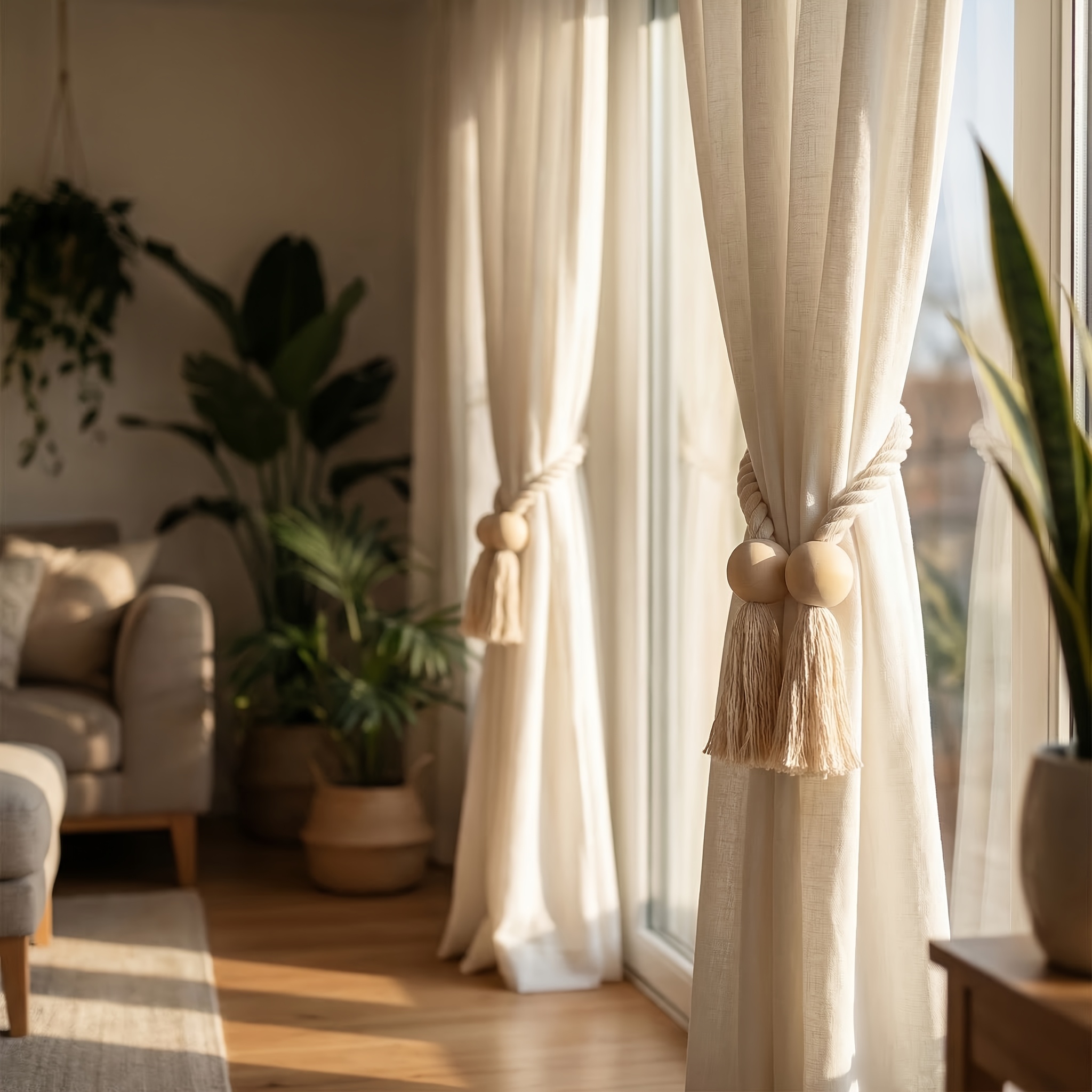 2pcs of Bohemian Style Magnetic Curtain Laces with Wooden Beads-including Hand-woven Ropes, Geometric and Round Beads, Suitable for Elegant Living Room and Bedroom Decoration, and the Magnetic Curtain Frame Is Decorated with Natural Materials.