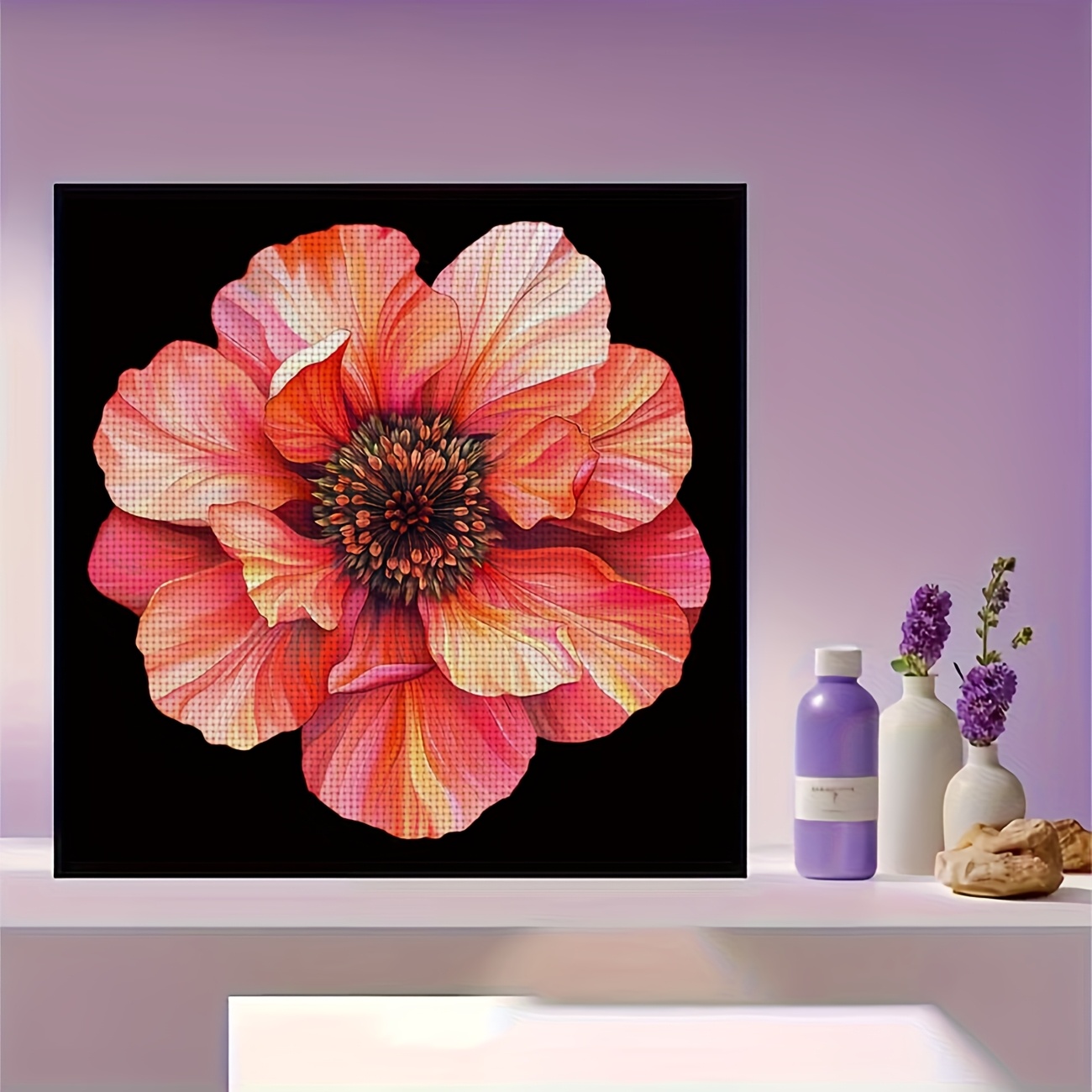 DIY Cross Stitch Print Kit, Frameless, "Vibrant Flowers on Black Background" Pattern