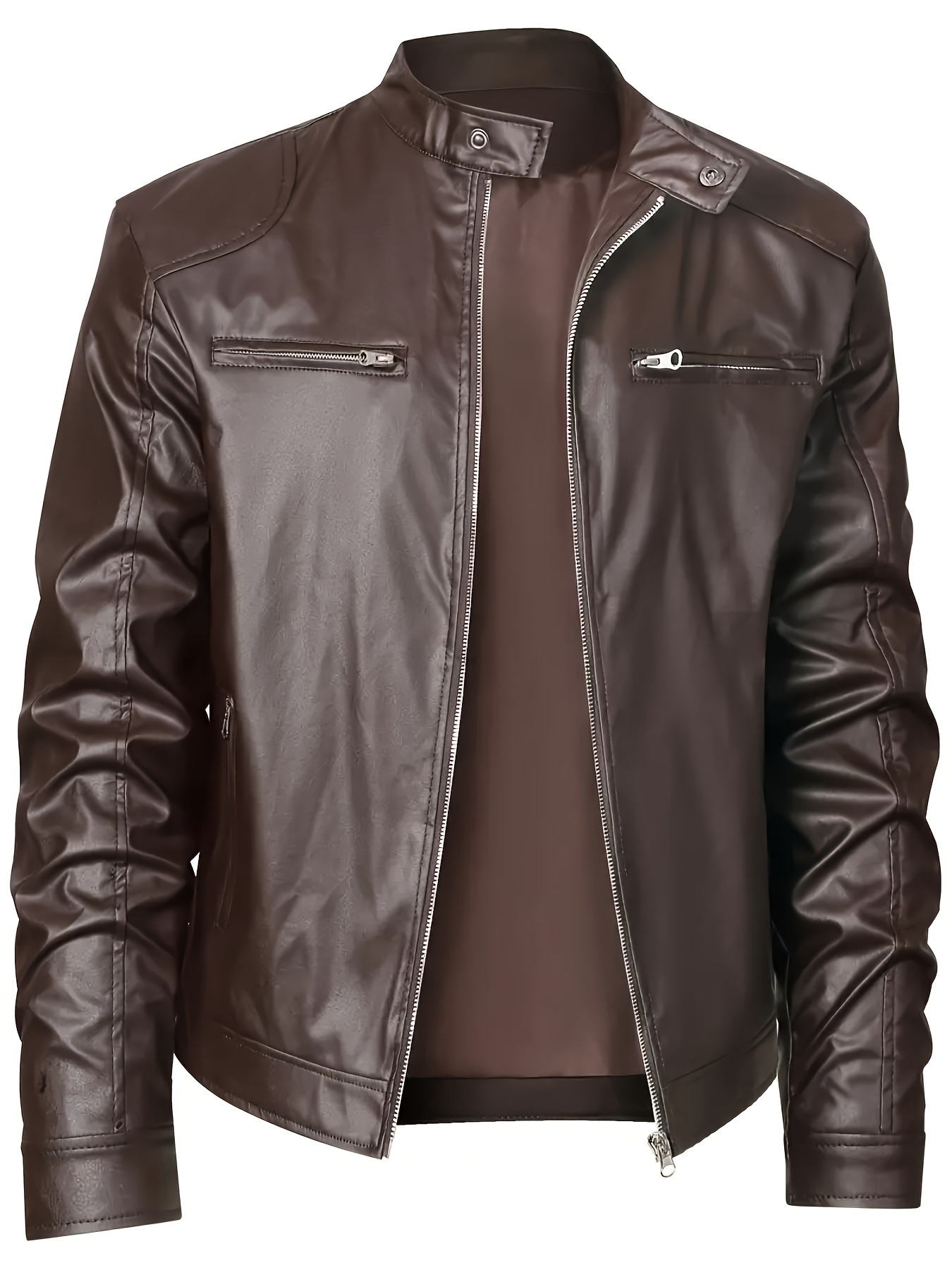 Warm Fleece Pu Jacket Men's Casual Solid Color Zip Lapel - Temu