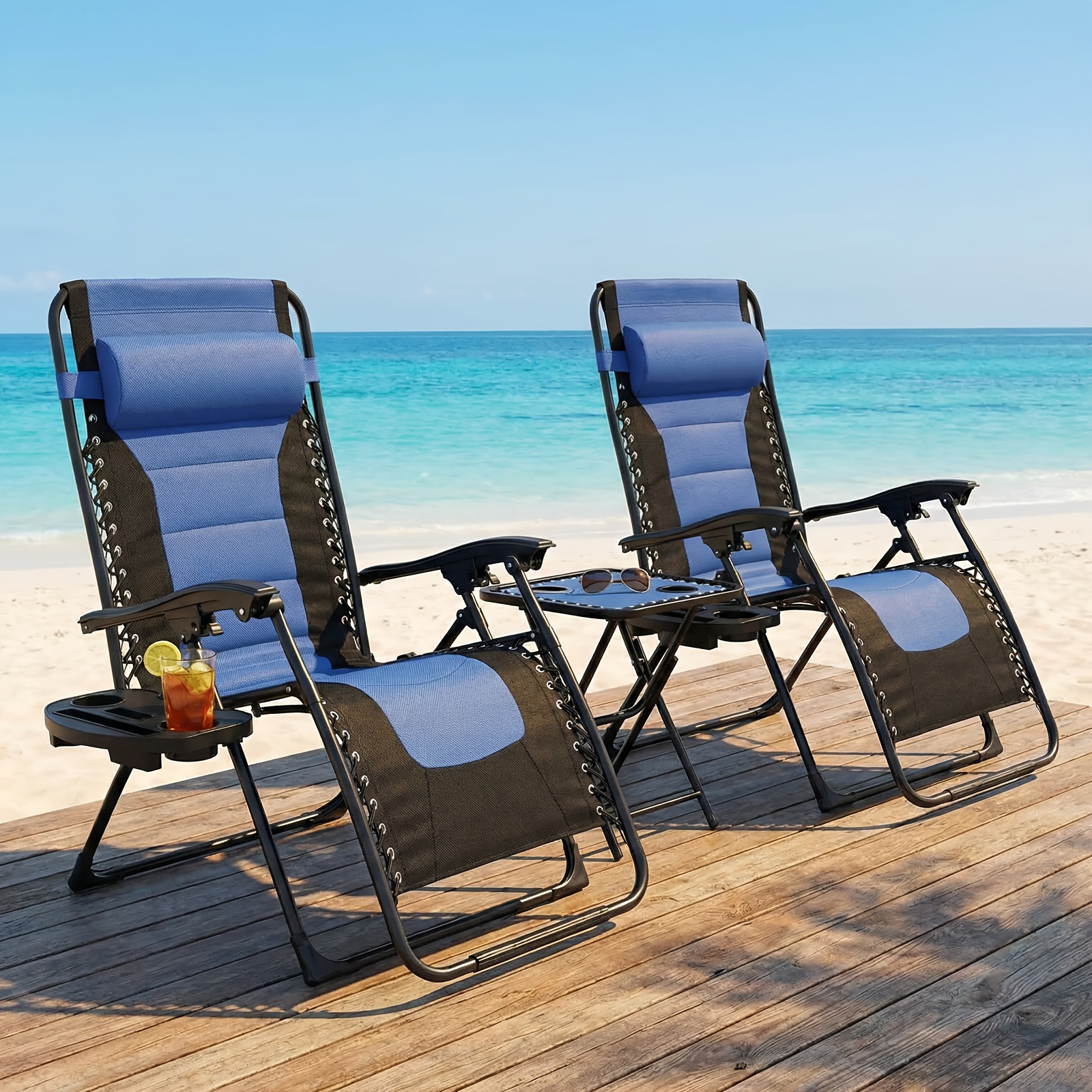 zero gravity sun loungers set of 3 outdoor foldable recliner chair with cup holder adjustable backrest extra wide design removable headrest for   camping 160d x 79w x 74h cm grey blue