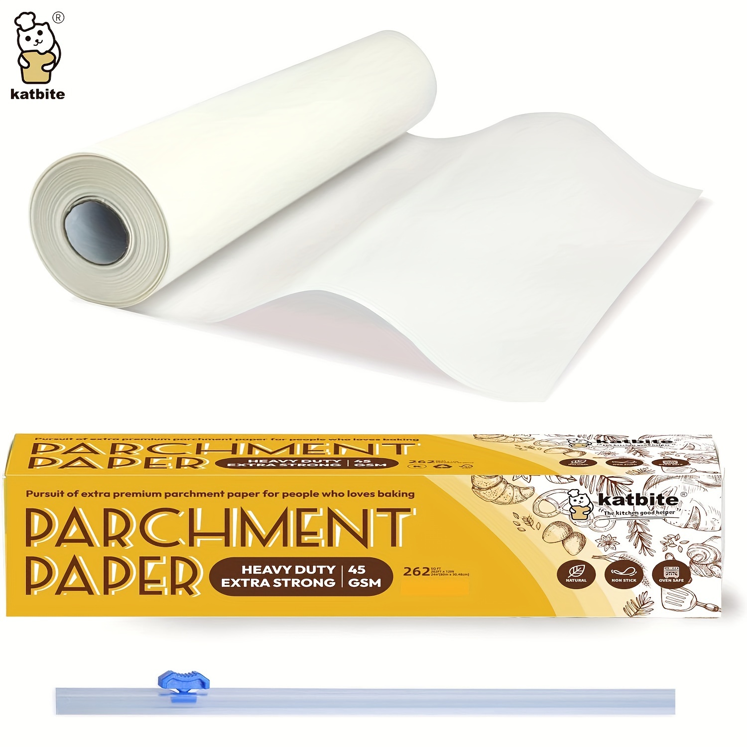 

Katbite Heavy Duty Parchment Paper Roll, 12 In X 262 Ft, With Slide Cutter, Non-stick Baking Paper For Cooking, Grilling, Air Fryer, And Steaming