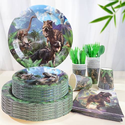 140pcs dinosaur t rex theme party plate set birthday picnic gathering celebration decorations disposable plates napkins cups knives forks spoons for 20 guests themed