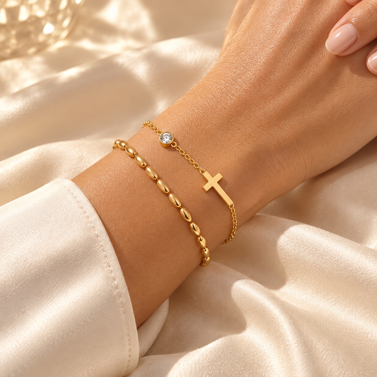 2pcs Stackable Jewelry Set with Cross Thin Chain and Glossy Pendant