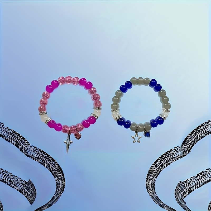 2pcs Stylish Star And Heart Beaded Bracelets, Multicolor Resin, Unisex Couple Accessories For Parties, Birthdays, And Valentine's Day Gifts For Girlfriend