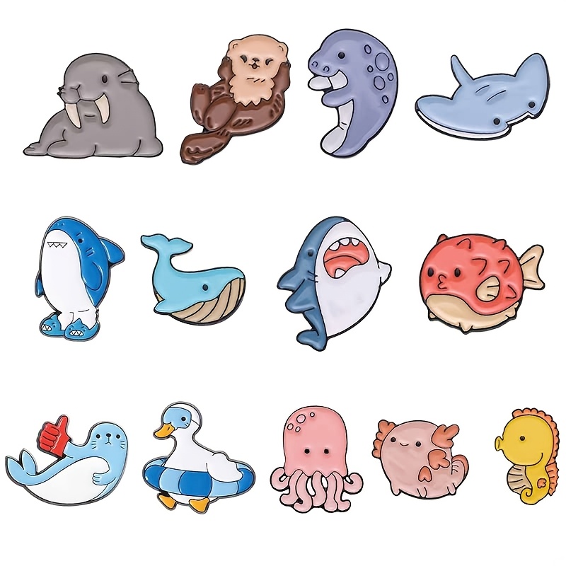 TEMU 13pcs Broches de Marines, Baleines, Canards, Requins, Hippocampes, , Poissons-, Mantas, Otaries, Morses, Accessoires d'Animaux de Dessin Animé