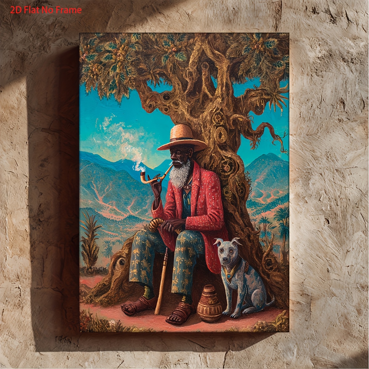 TEMU 2d Flat, 2d Flat Frameless 1pc Vodou Legba Spirit Wall Art - 30.48x40.64cm / Folk, Tree With Pipe And Dog, Voodoo Altar Decoration, Cultural