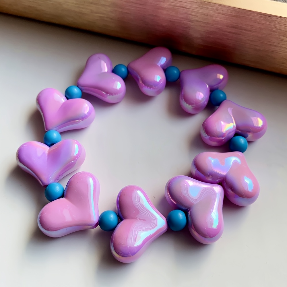 Boho Heart Beaded Bracelet Colorful Resin Charm Stretchy Elastic Rope