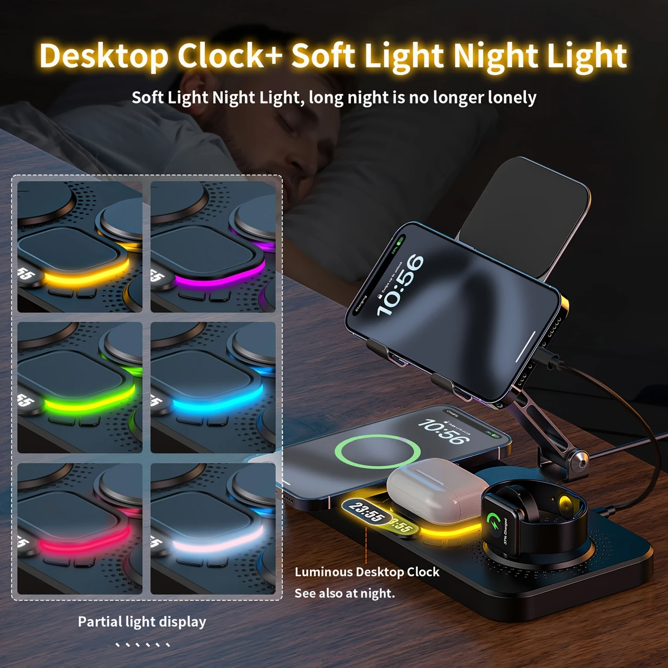 6in 1 Wireless Charging Station for Multiple Devices, Magnetic Fast Charger Foldable Stand Dock with Alarm Clock Night Ligth for iPhone 15 14 13 12 Series, for iWatch 9 8 7 6 5 4 3 2, for Pro2 Pro 3 2, Rotating Holder for iPad details 3