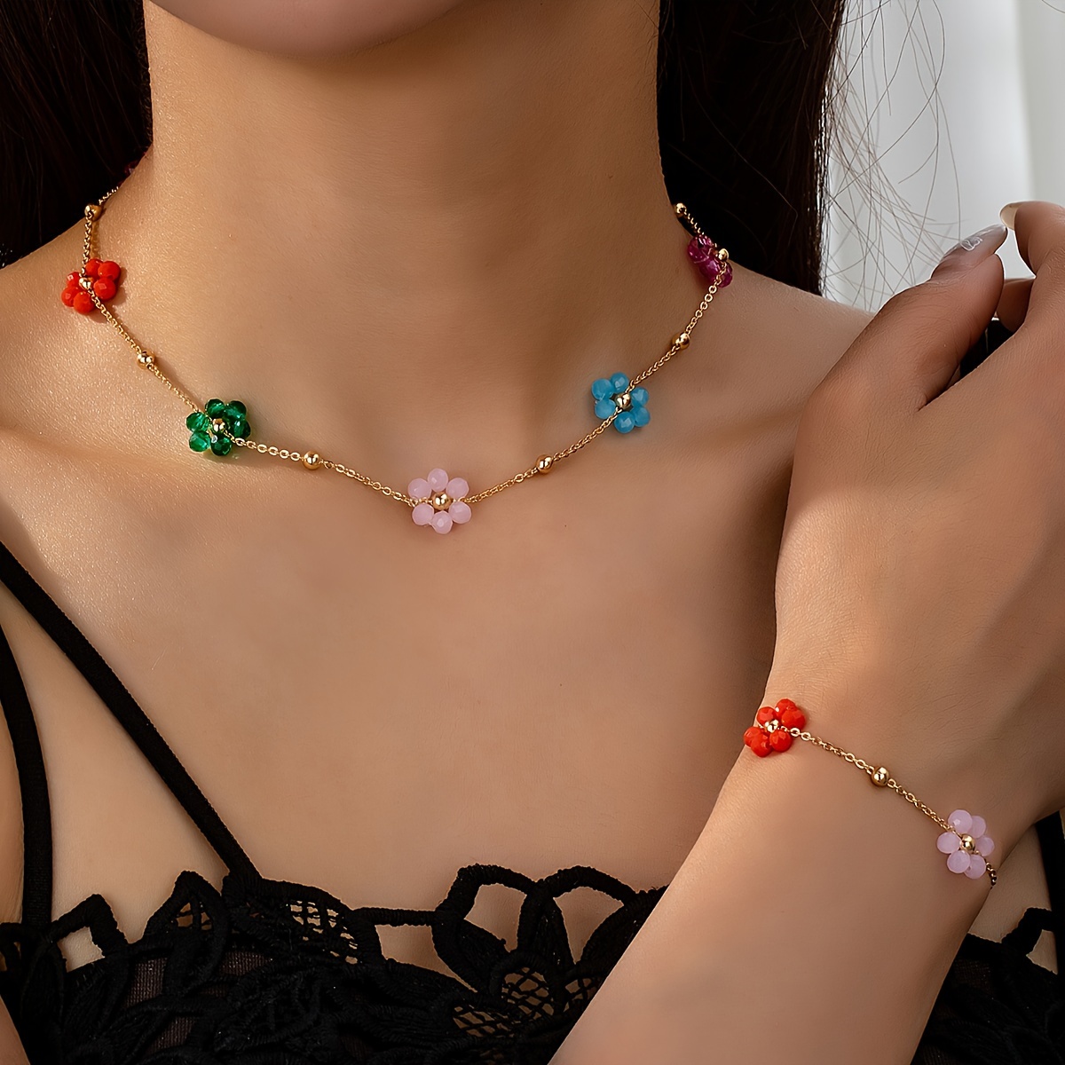 

Chic 2pcs Set: Elegant & Cute Colorful Beaded Flower Necklace And Bracelet Combo - Casual Attire, Bracelet Necklace Set, Fashionable, Colorful, Flower Beads