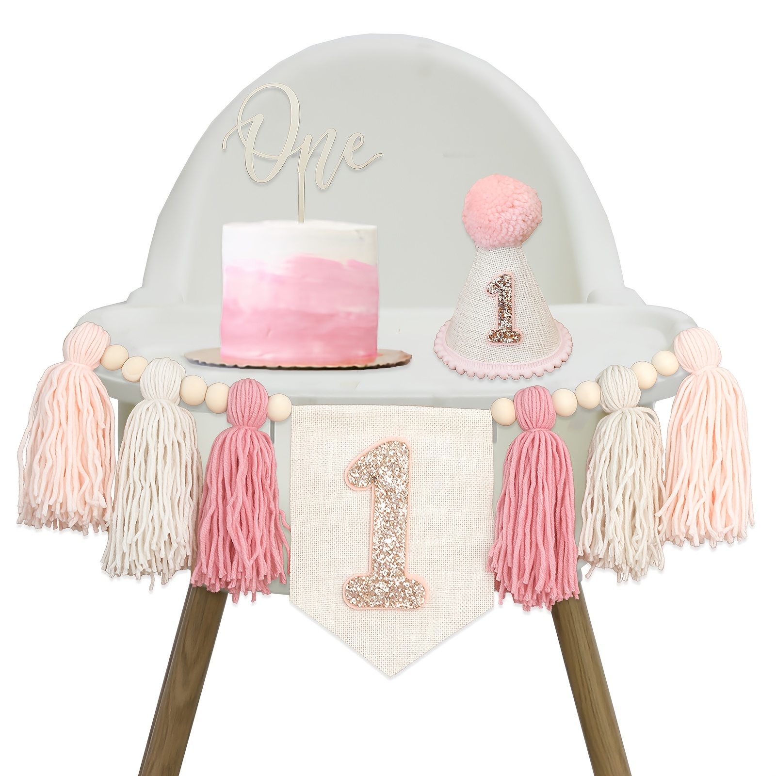 

3pcs Handmade Fleece Tassel Garland Banner, Sparkling "one" Cake Topper & Pink Hat - Ideal For First Birthday Celebrations & Shower Decorations, Birthday Party Decorations