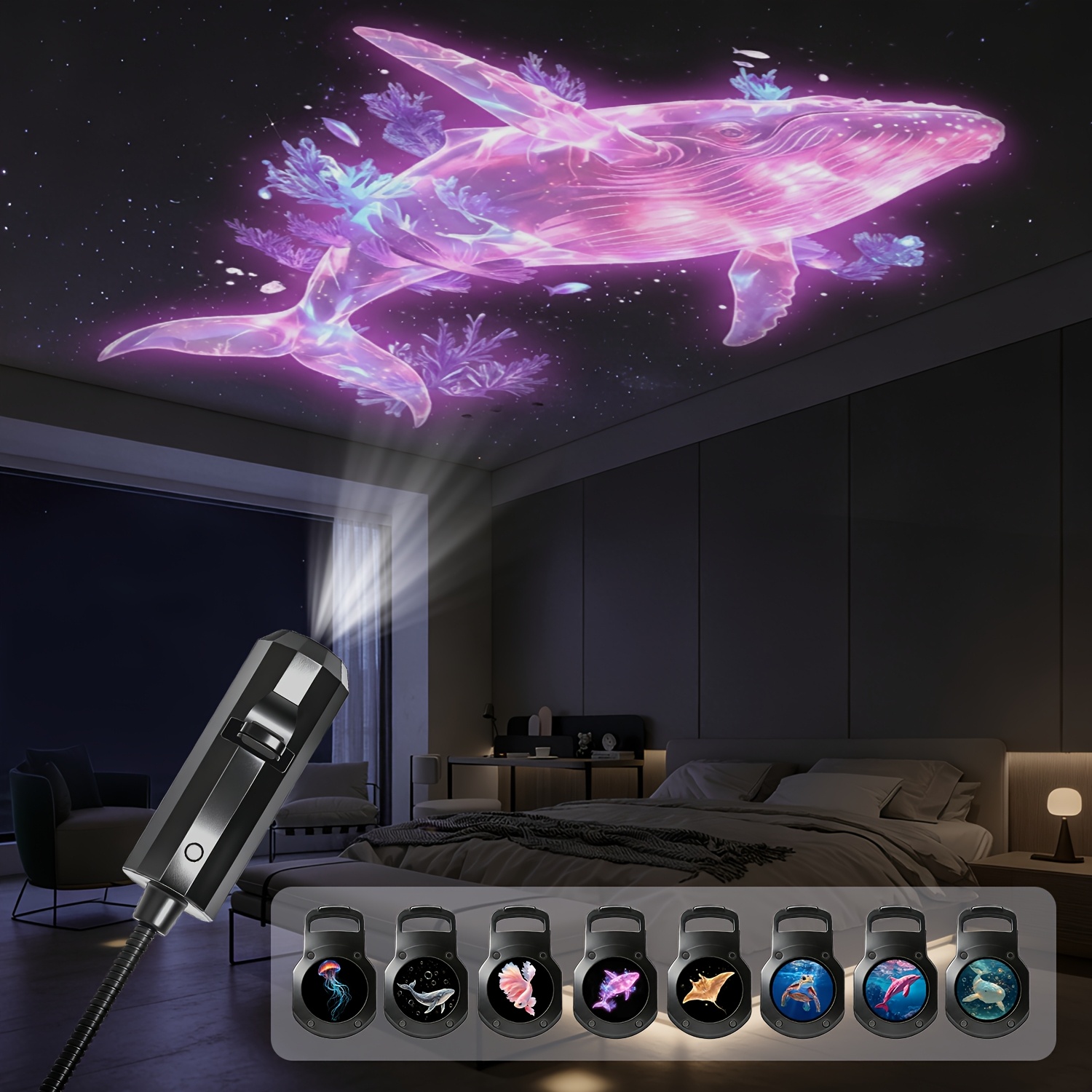 ocean themed projection light with 4 8 light panels featuring     and pink whales usb powered 360 degree rotating suitable for ceiling background decoration and bedside nightlight