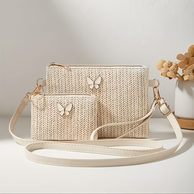 TEMU 2026 Label Decoration Straw Two-piece Set Women' Shoulder Bag Crossbody Bag