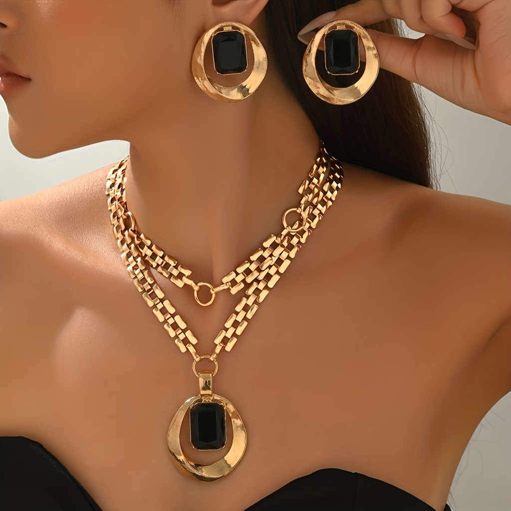 TEMU 1pc Spring Summer New Earring Necklace Women's Fashion Set Easy Grand Individual Irregular Ring Pendant Embedded Black Square Pendant Double