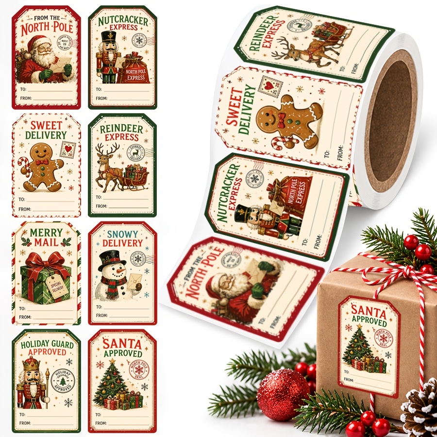 TEMU Rotolo di 160 etichette adesive per regali di Natale, 8 design vintage da Polo Nord a Da, adesivi autoadesivi per regali festivi per confezioni