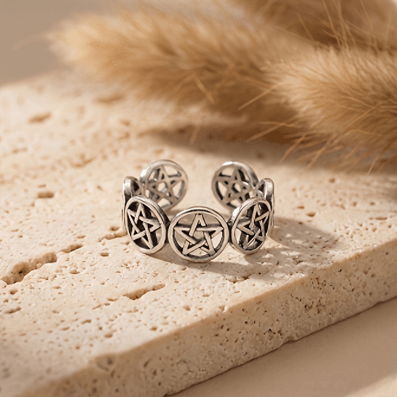 2pcs Gothic Pentagram Ring Set, Antique Silvery Oxidized Finish