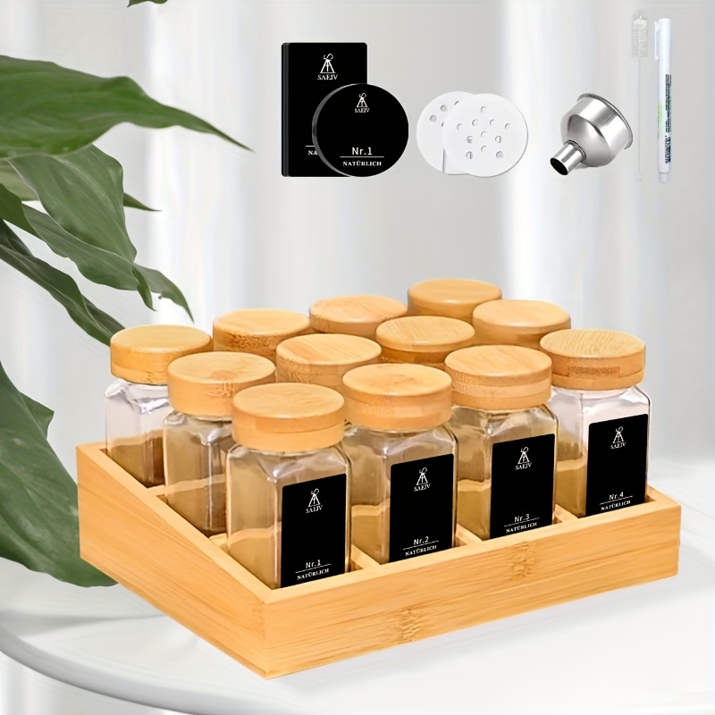 TEMU Bamboo Spice Rack With 12 Spice Jars, Kitchen Spice Organiser With 40 Diy Labels, Storage Rack Spice Rack Spice Organiser With Oversized