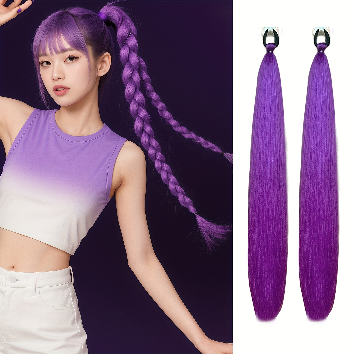 TEMU 2-pack Synthetic Braided Ponytail Hair Extensions | High Temperature Fiber, Straight Hair, Elastic Bands - Women's Ponytail Hair Extensions By Merisihair