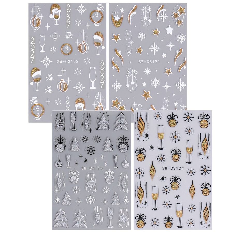 4 Sheets Of Silvery/golden Glitter Christmas Stickers Sw-cs113+121+124