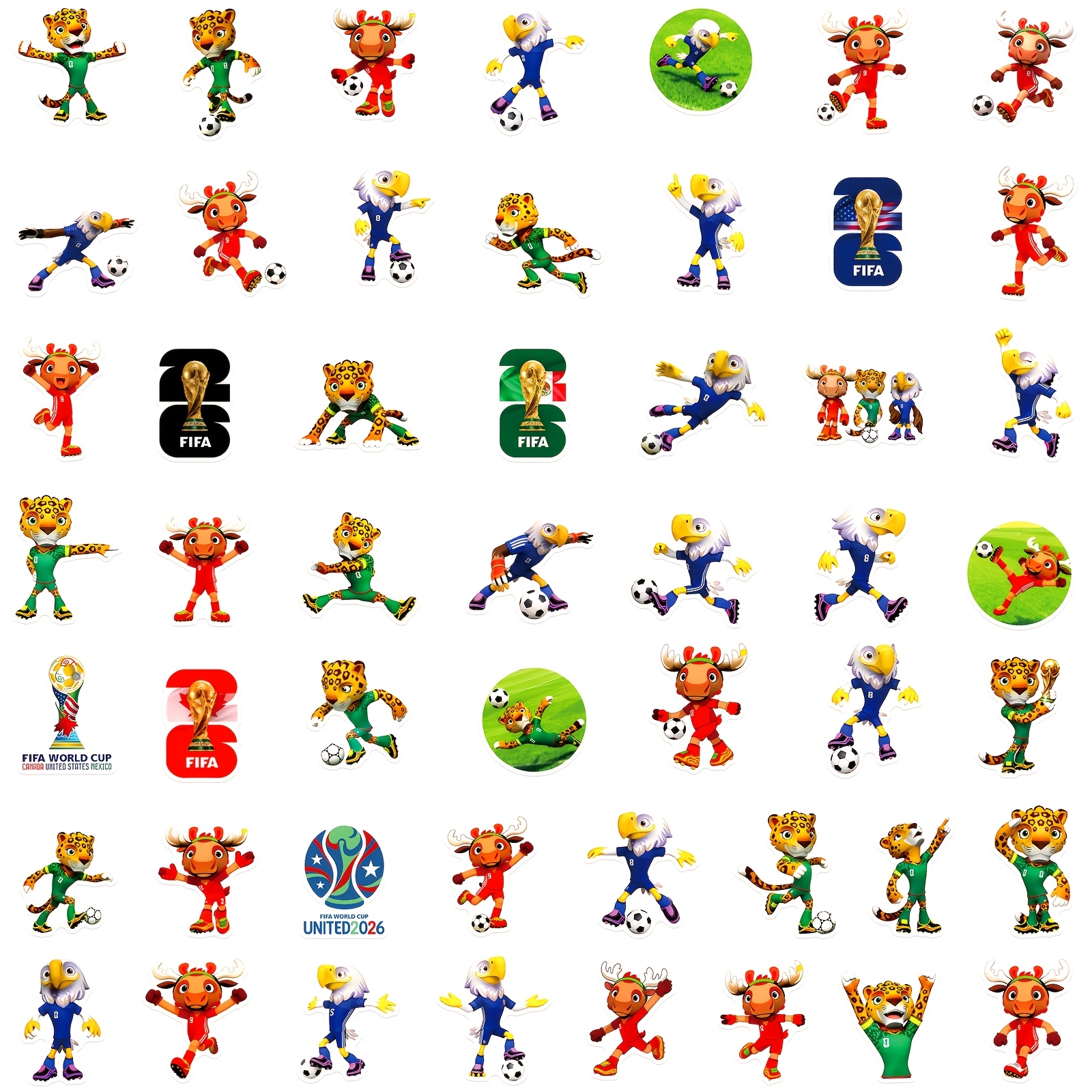 E-shop 50 Sticker mit Designs aus dem FIFA-Weltmeisterschaft 2026, inklusive des -Maskottchen Maple, Mesayu und Klachi, zum Dekorieren von Journals,