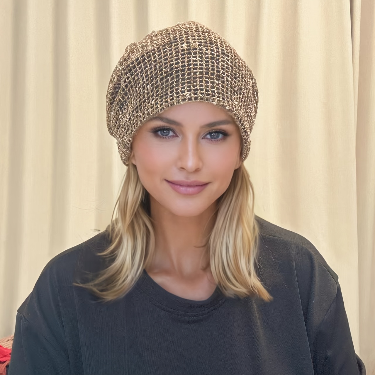 TEMU Hollow Double-layer Bonnet Hat Women's Fashionable Cover White Hair Breathable , Autumn And Summer Mature Hat