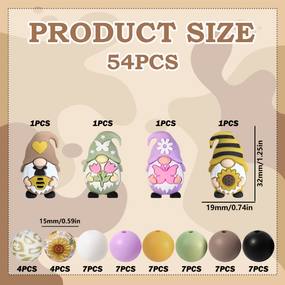TEMU 54pcs Of New Dwarf-shaped Silicone Beads, In Brown, Yellow, Green, And Purple, Featuring Colorful Round Beads With Floral Patterns. Perfect For