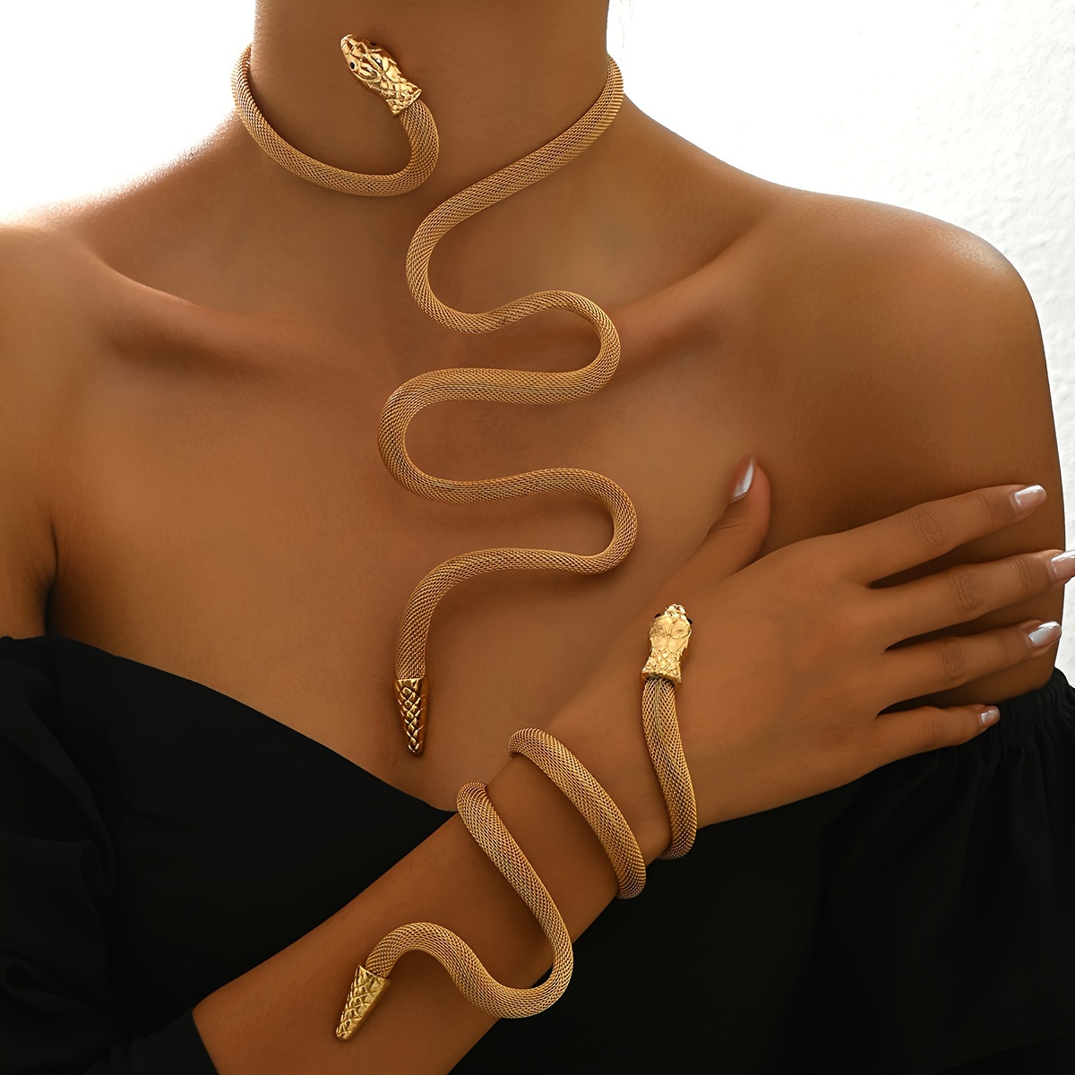 TEMU 2pcs Creative Punk Style Bracelet And Necklace Set For Women, Vintage Personality Snake-winding Mesh Chain, Exaggerated Hip-hop Style, Suitable