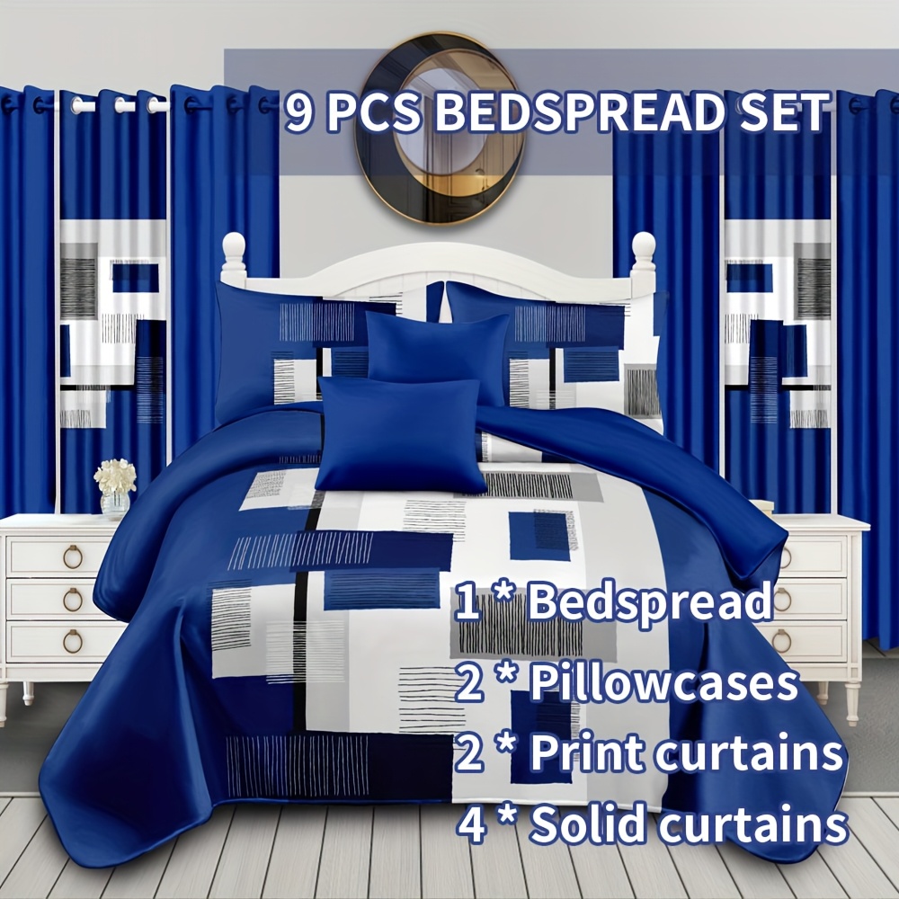 TEMU 9pcs Bedding, Including: 1pc Bedsheet, 2pcs Pillowcases, 2 Printed Curtains, And 4pcs Solid Color Curtains, Queen/king/cal King Size, Blue