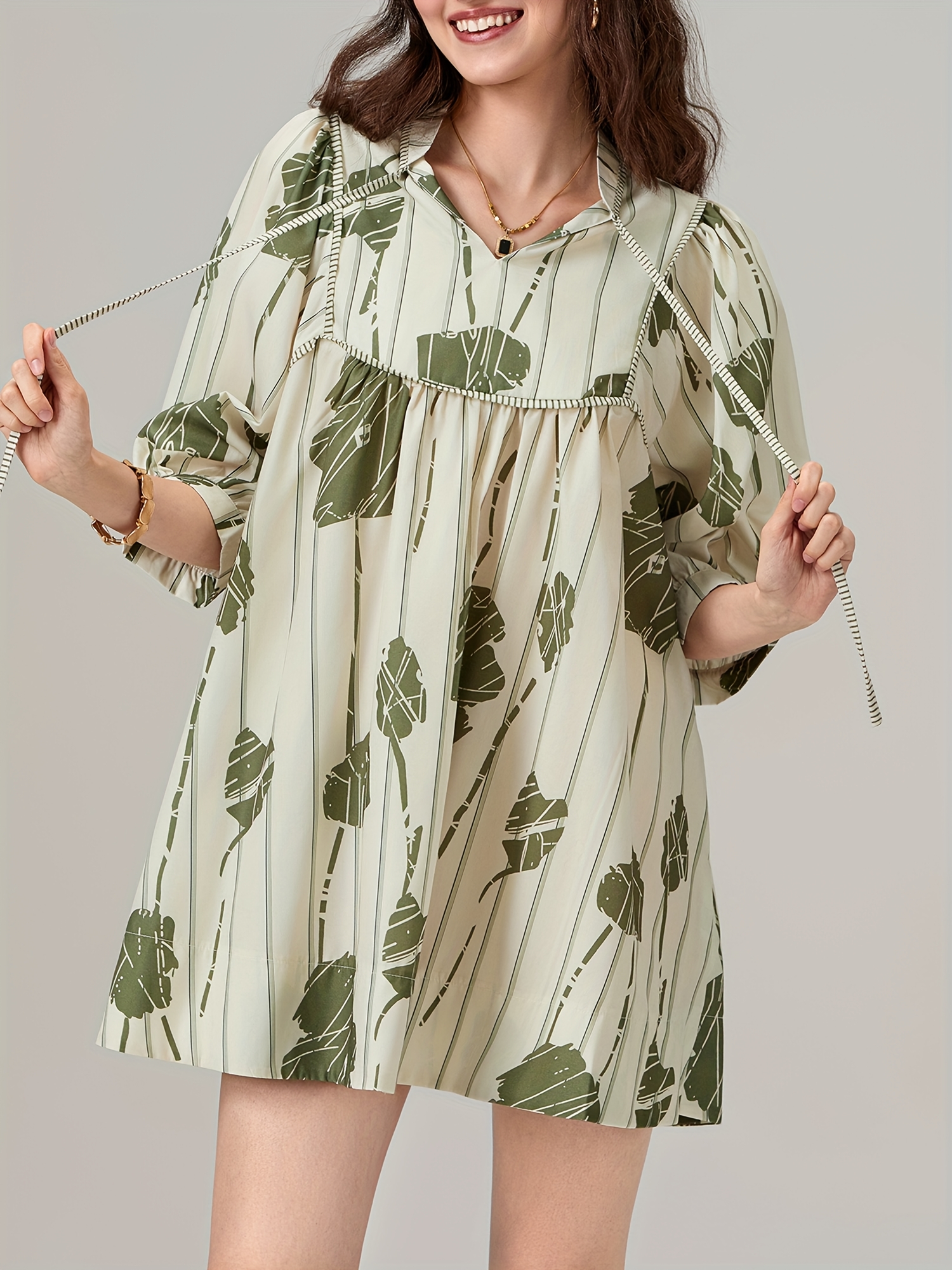 Women Maternity Mini Dress Casual Leaf Print Loose 3/4 Sleeve High Waist  Dress for Photoshoot Pregnancy Clothes