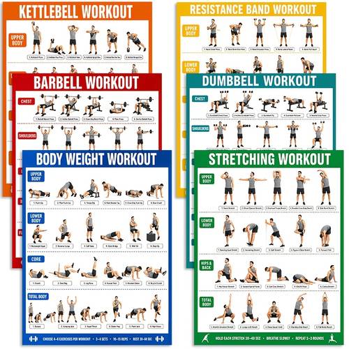 item picture 6pcs workout posters for home gym dumbbell kettlebell barbell band stretching bodyweight exercise chart set unframed 8x10 inch fitness wall art