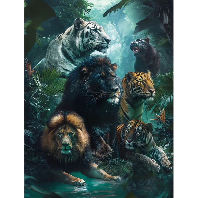 

Kit de peinture diamant 5D - Thème des bêtes majestueuses - Ensemble de toile acrylique d'art diamant rond complet pour adultes - Décoration murale de tigres et lions de la jungle animale