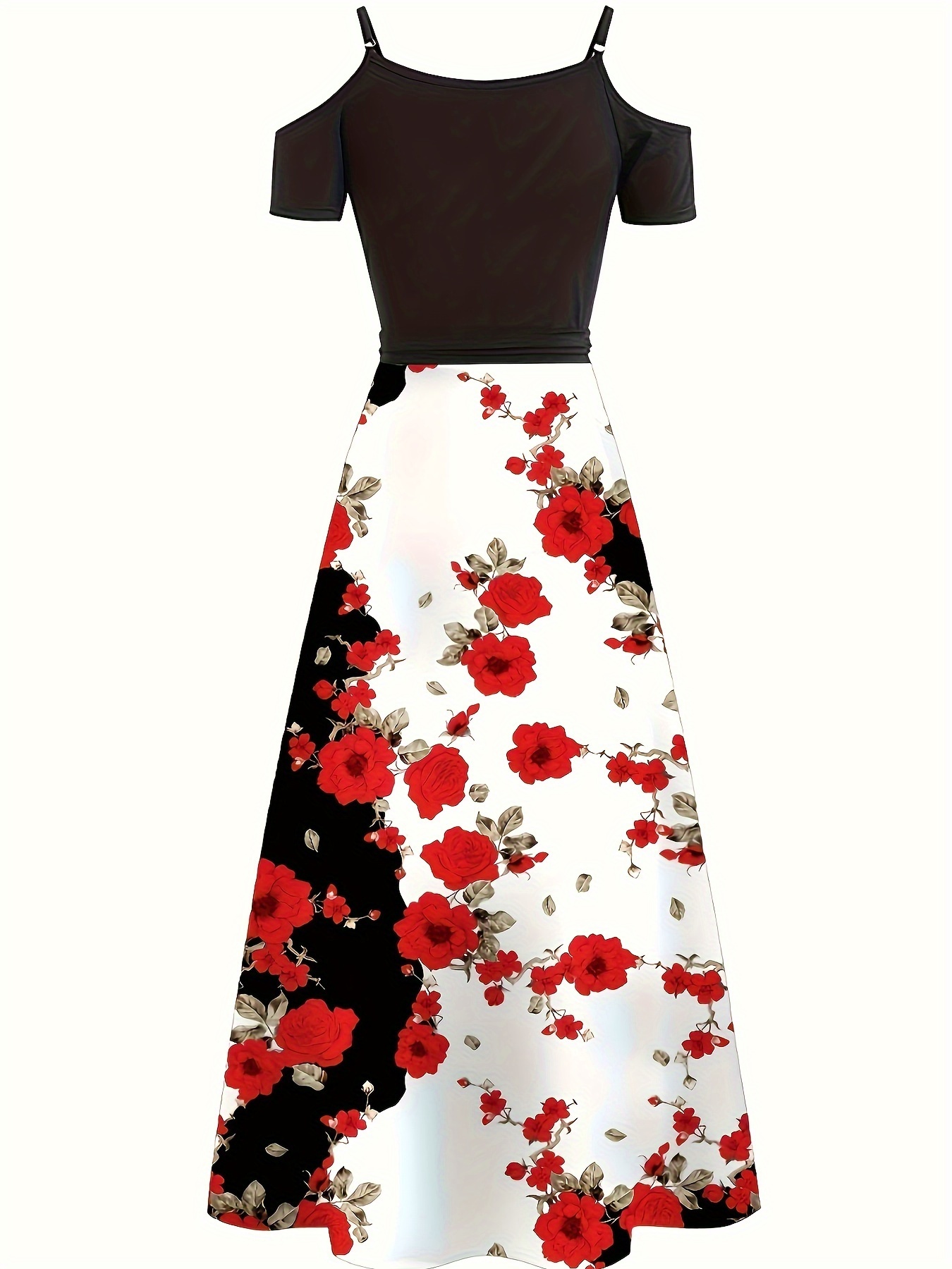 floral print cold shoulder dress elegant color block short sleeve maxi dress for summer womens clothing