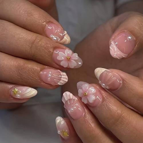short oval press on nails suitable for women reusable french tip nails with glossy full cover nail tips almond shape medium length nail set for daily wear parties spring summer