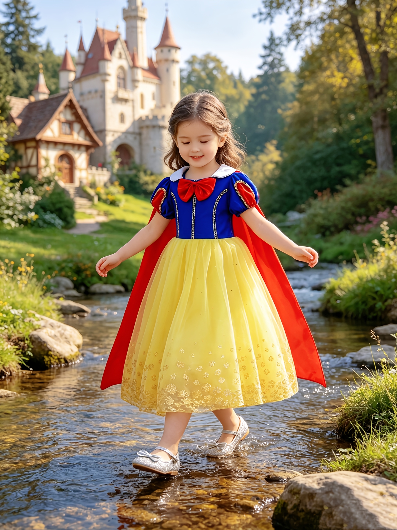 Classic Girls' Color-Block Dress with Red Cape and Accessories