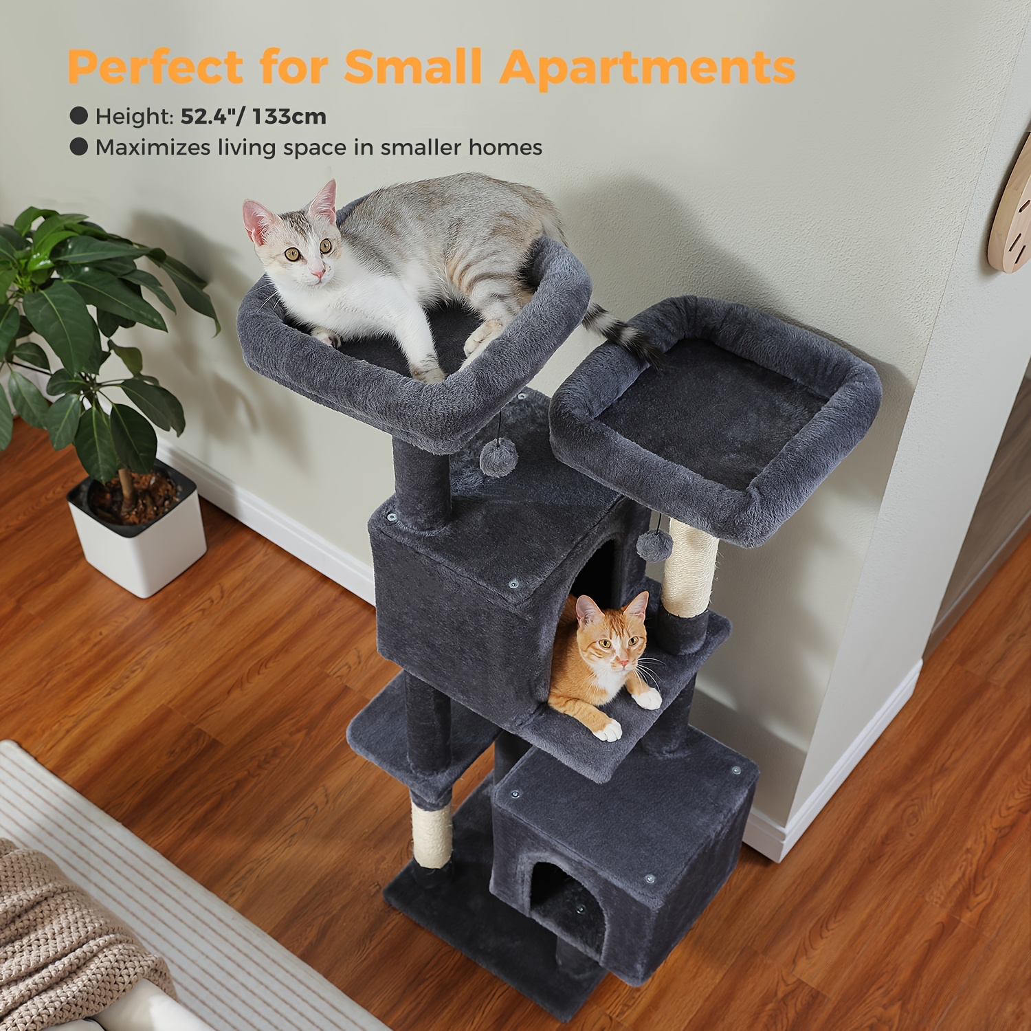 Tree, 133cm Multi-level Cat Tower For Indoor Cats, Plush Cat Tree House With 2 Padded Perches, 2 Condos & 2 Scratching Posts
