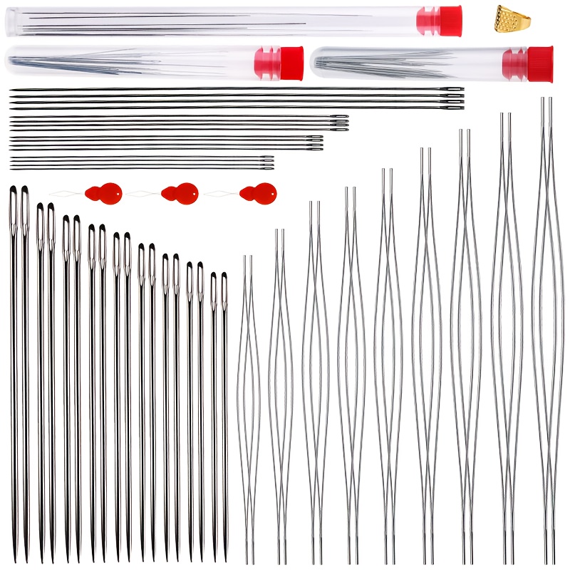 Image of 54pcs Including 16pcs Long Straight Beading Needles+20pcs Hand Sewing Bwading Needles+18pcs Beading Needles, Embroidery Needles For Jewelry Making With Bottle, Thimble, Threaders