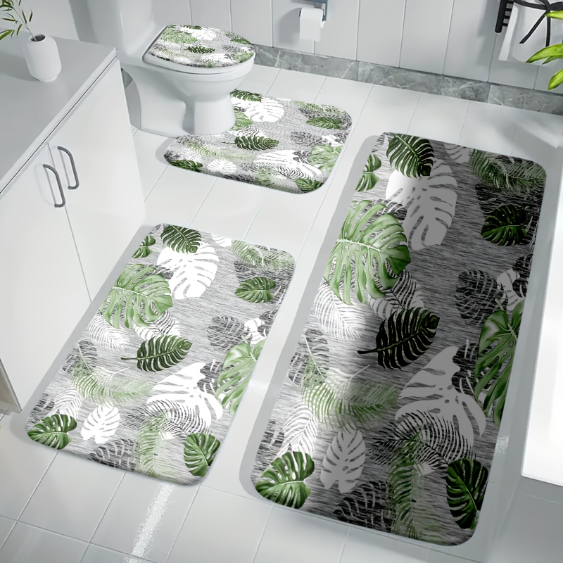 E-shop 4-teiliges Badezimmermatten-Set mit tropischem Pflanzenmotiv - Grünes Blatt-Design, natürliche Atmosphäre, Bequeme WC-U-förmige Matte,