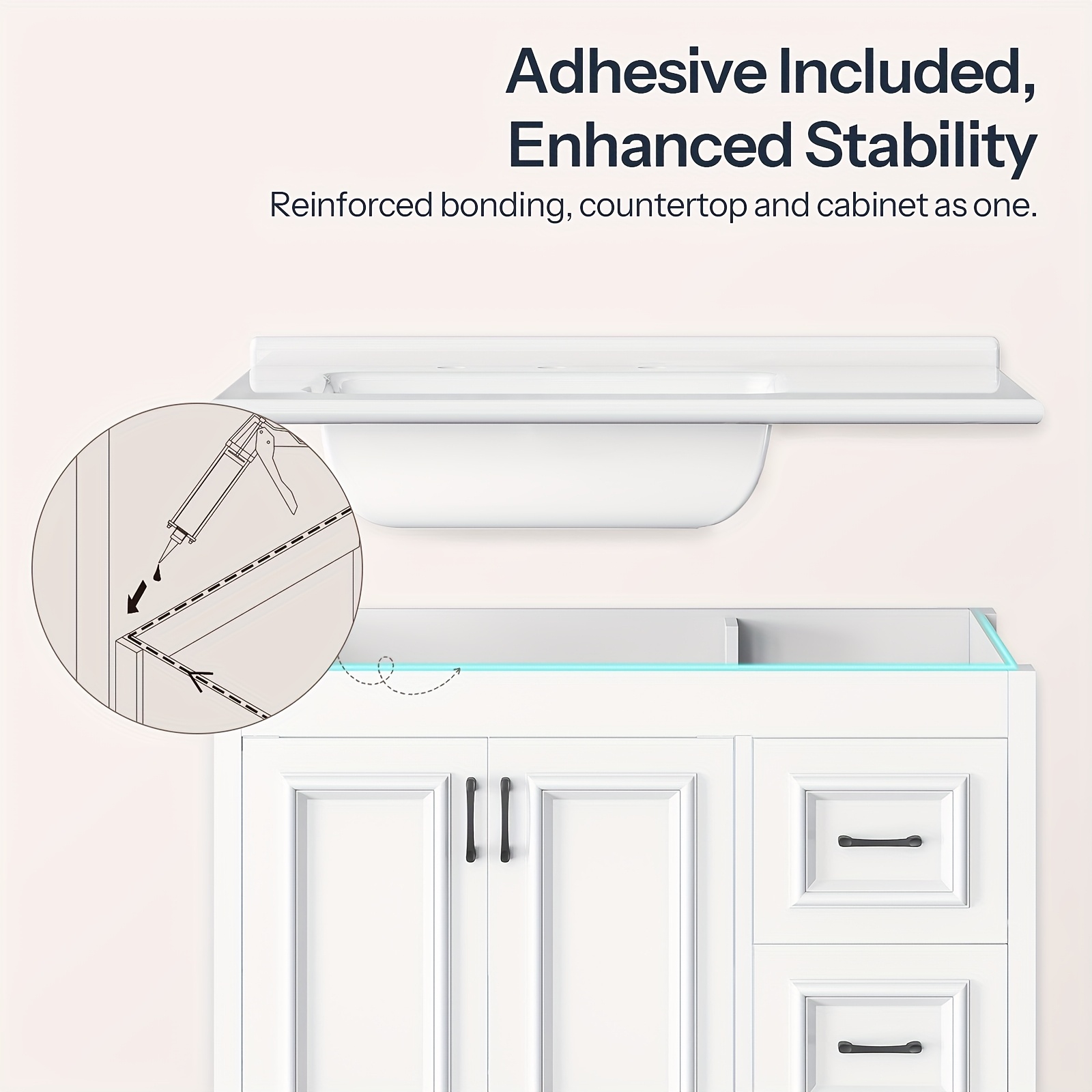white bathroom vanity with sink   cabinet with ceramic countertop drawers and cabinet arc   design and metal glides drain kit not included for bathroom Product details 6